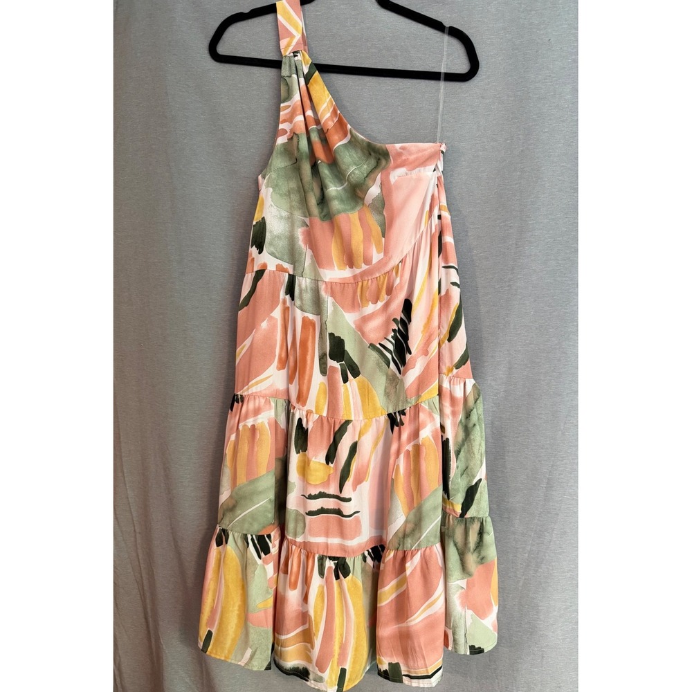 Shop The Mint Dress Womens XS Pink Excellent One Shoulder Abstract Tiered Midi